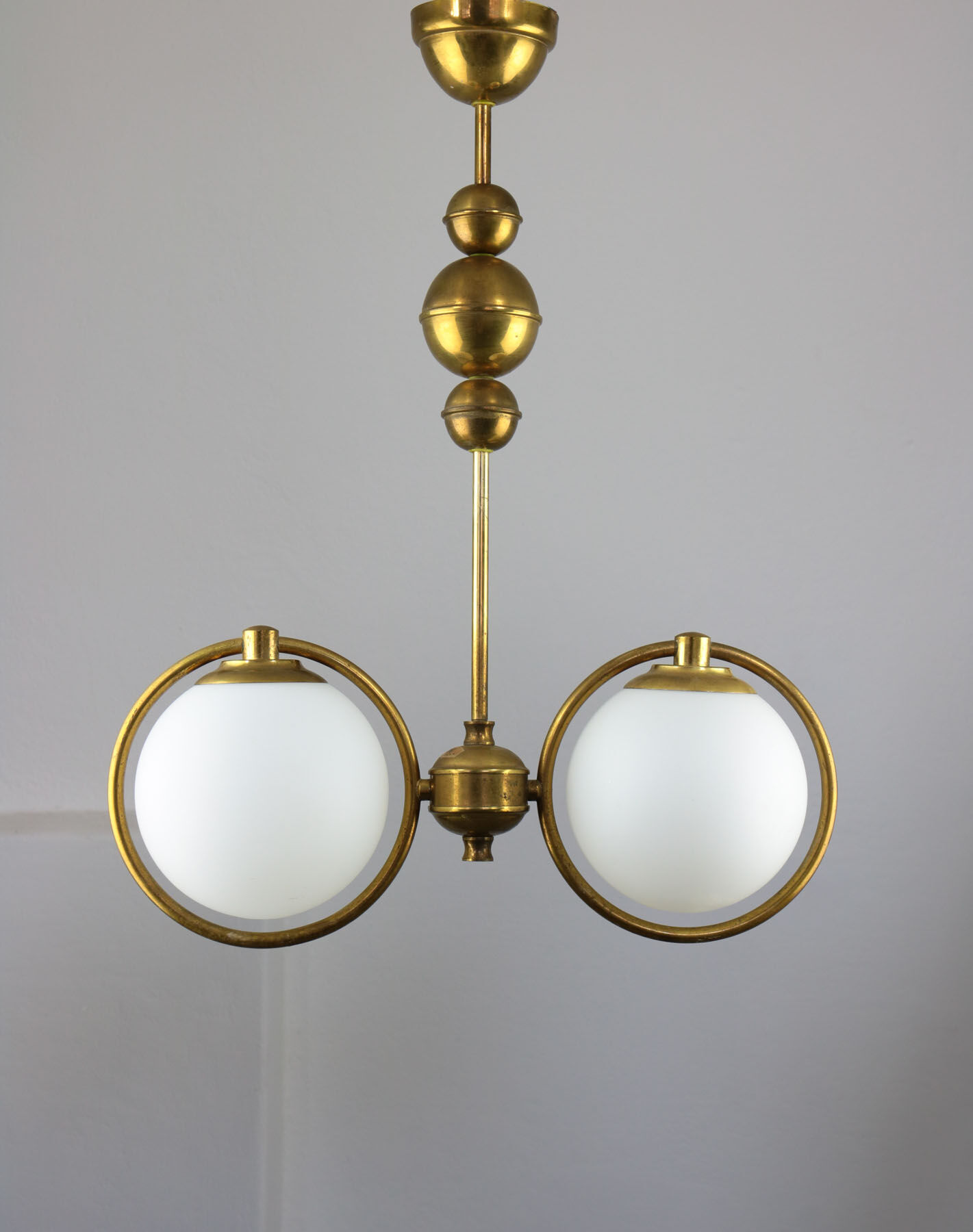 Mid-Century Brass & Opaline Glass Chandelier