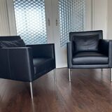 2 fauteuils de salon modernistes allemands en cuir noir et acier de Walter Knoll