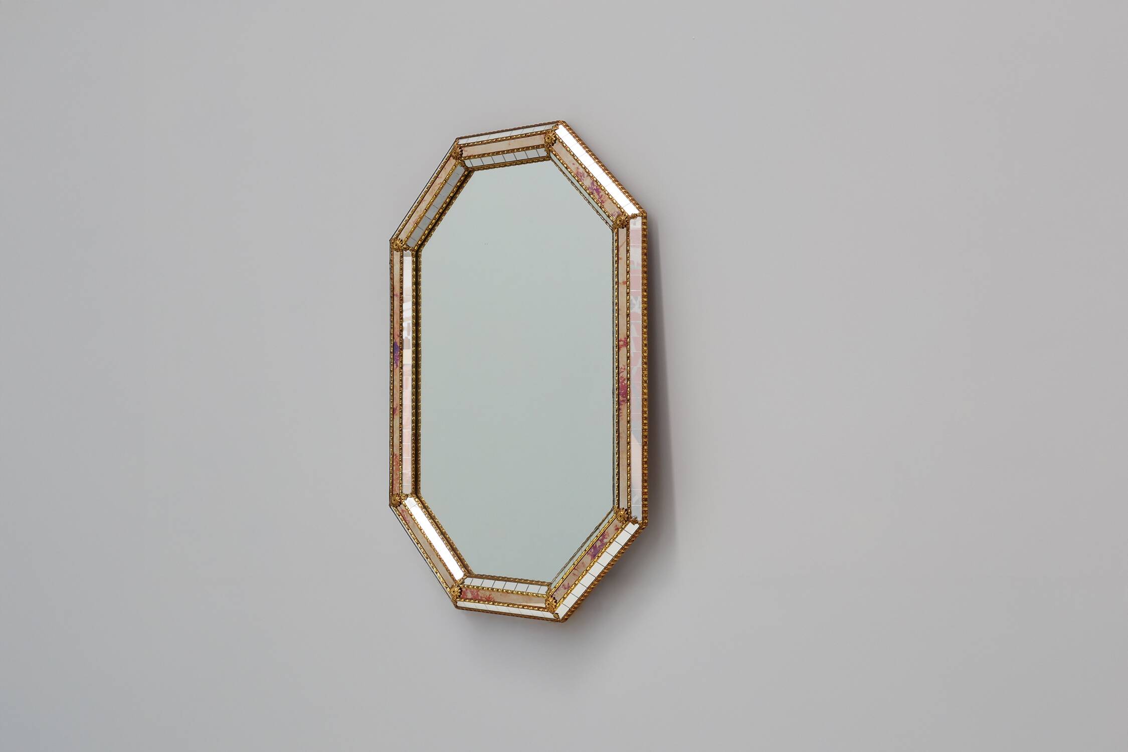 Venetian style octagonal mirror marked MGB, Planilux, Cristanola, Spain