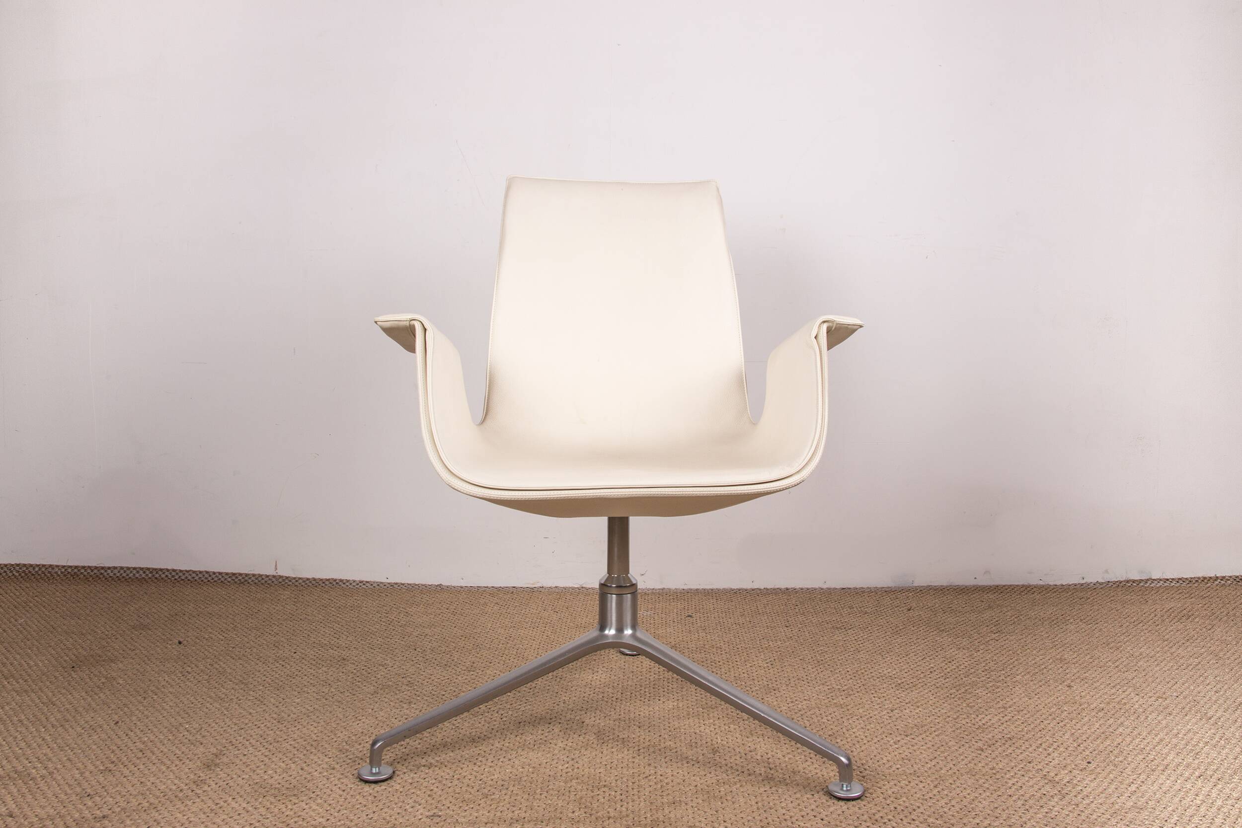 Danish armchair, white leather + chrome steel, model fk 6725 or “tulip chair”, preben fabricius/knoll