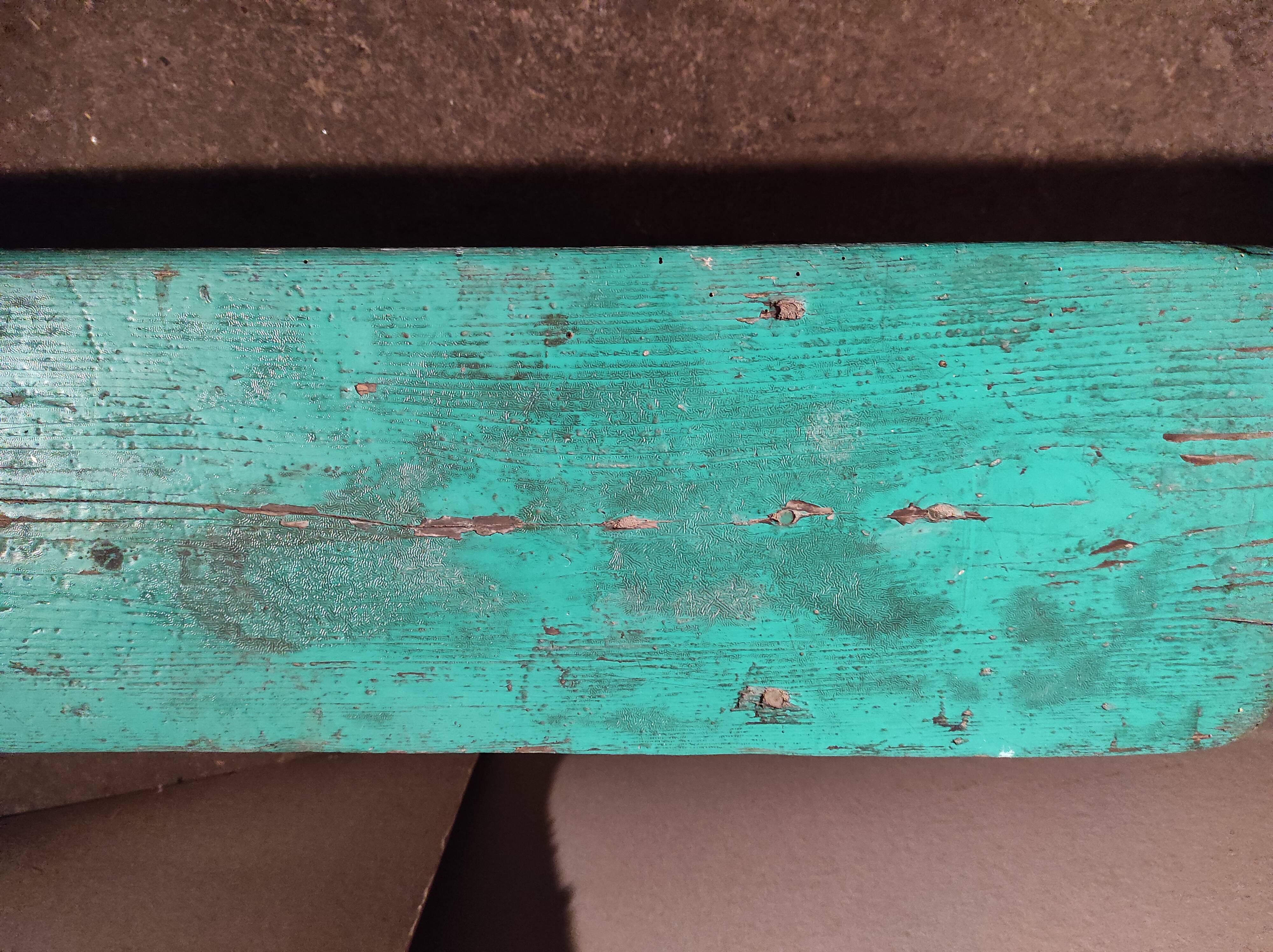 Green patinated farm tree wooden bench