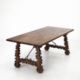 Spanish table in walnut and wrought iron, lyre-shaped base.