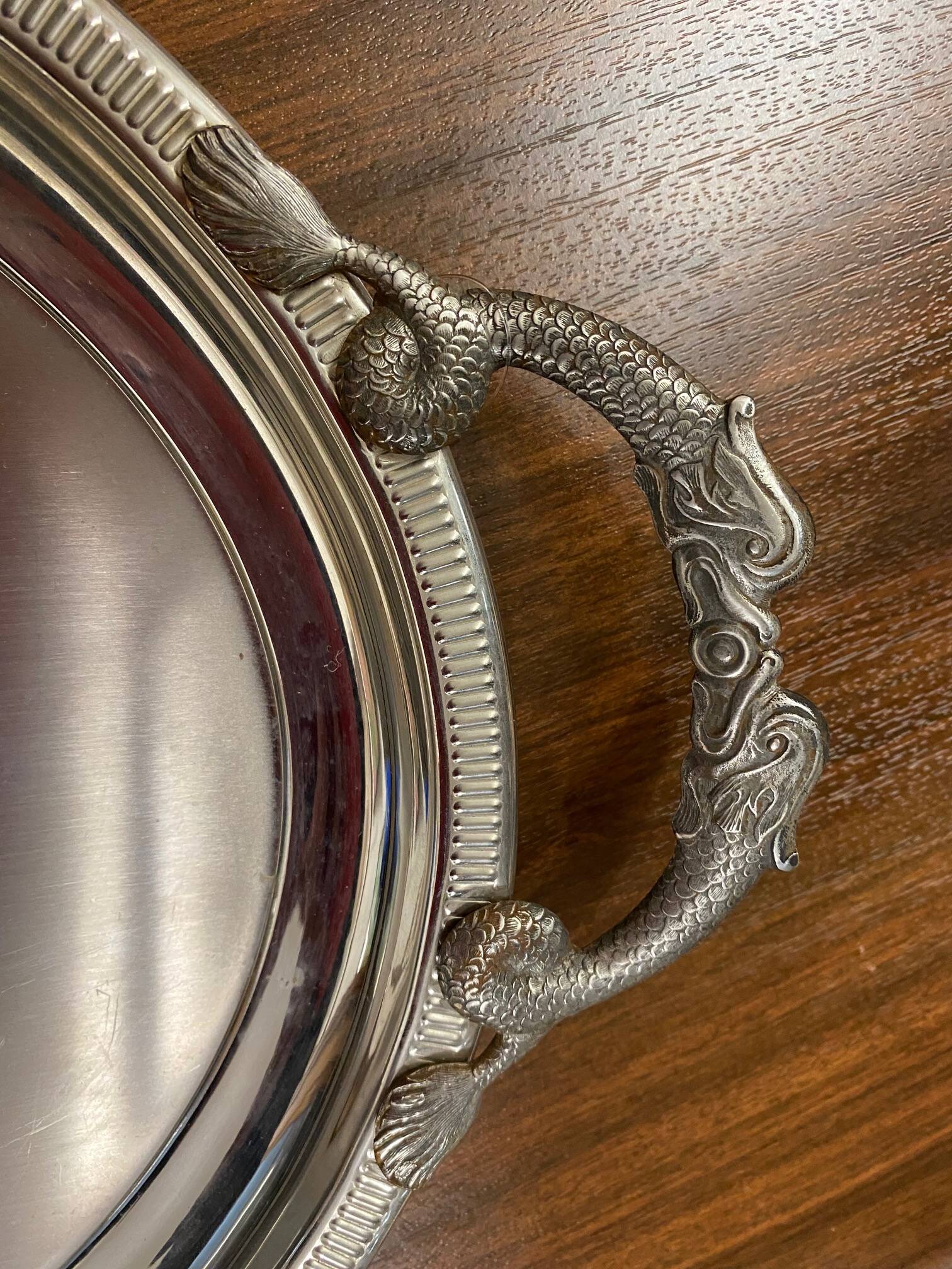 Large jean couzon stainless steel serving tray with fish decor handles