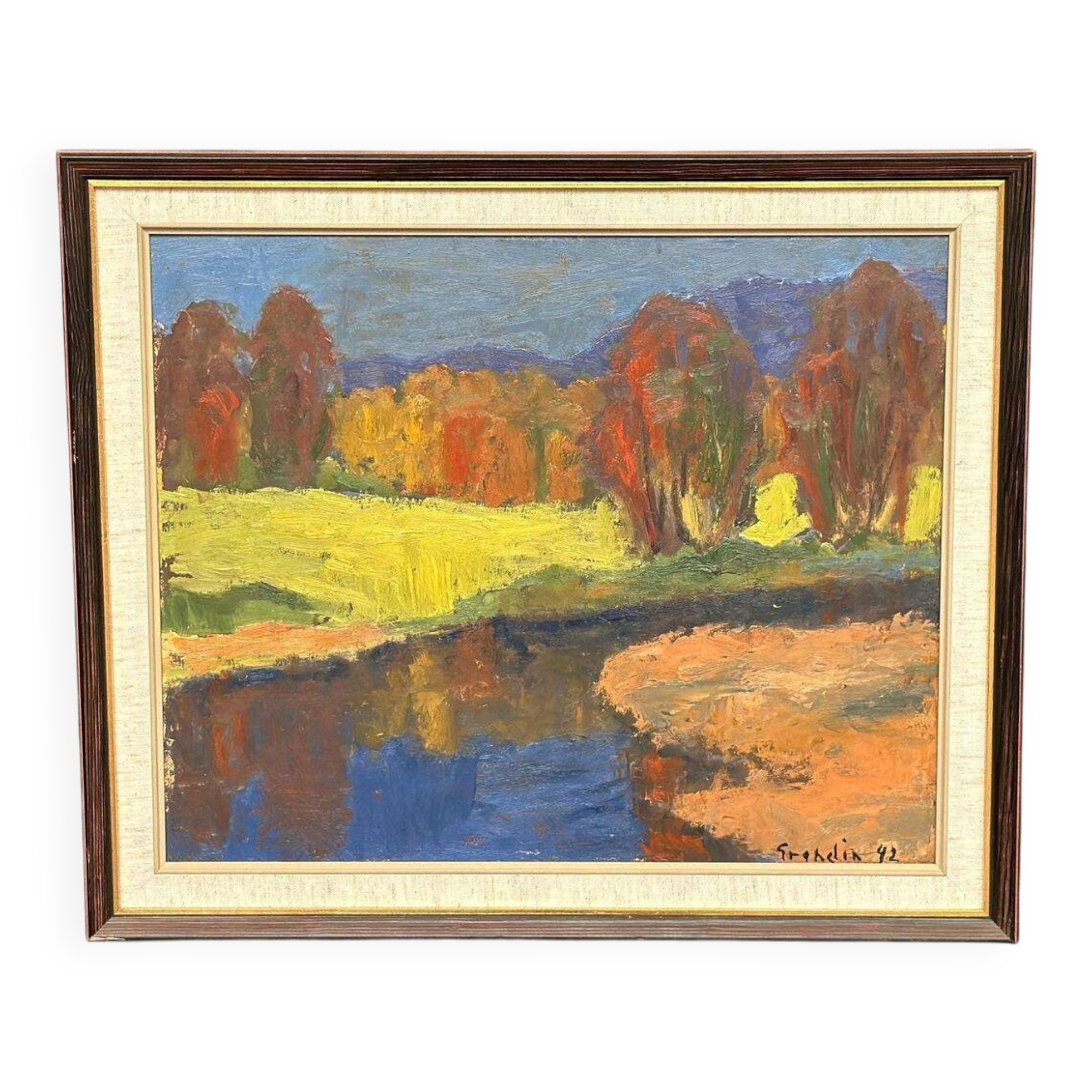 Huile sur panneau suédoise d'époque mi-siècle – « Reflets d'automne » par Svän Grandin (1906–1982) – Vintage et encadrée – 45 × 54 cm (17,7" × 21,3")