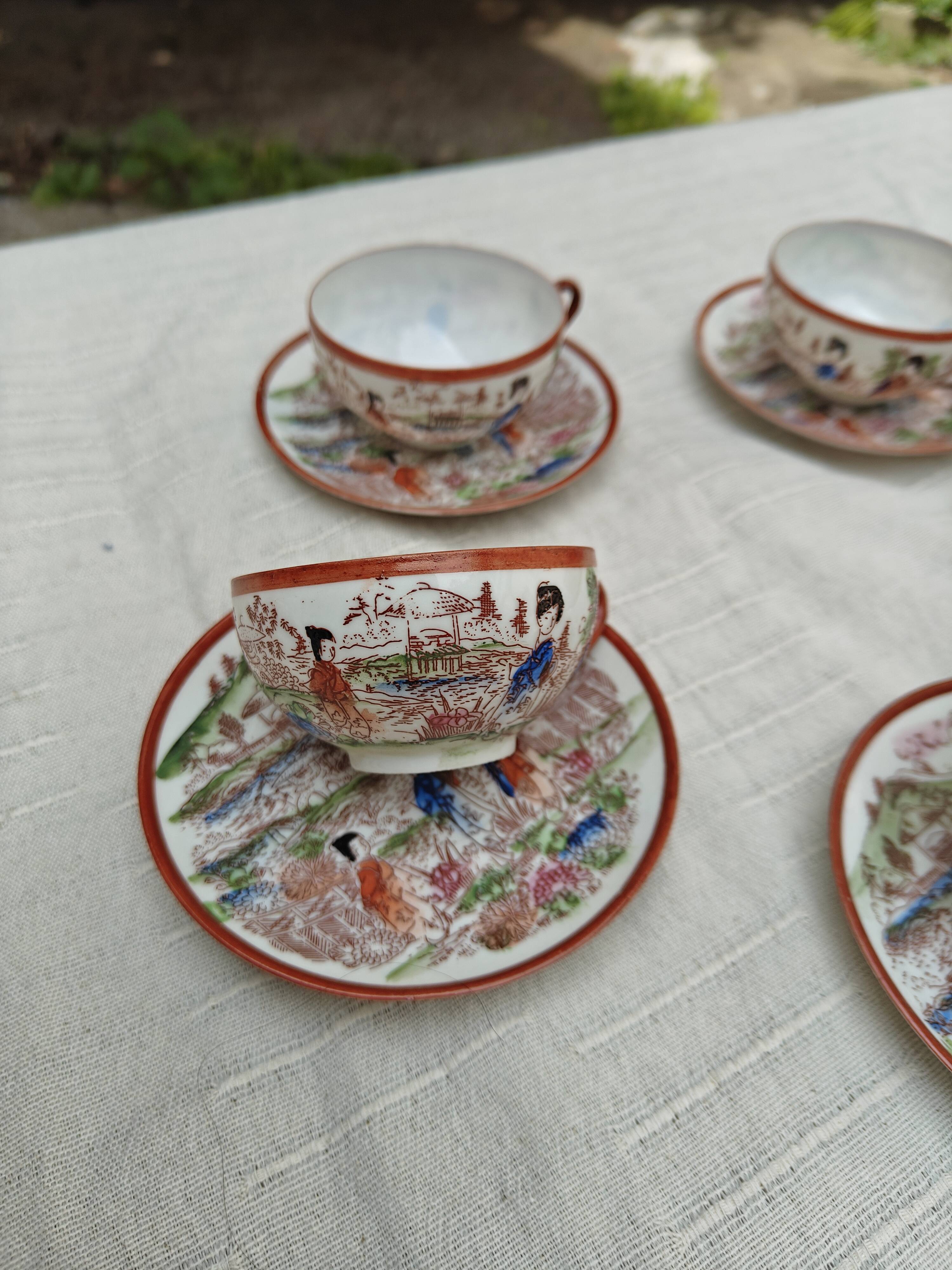 Vintage Japanese tea/coffee service, egg shell porcelain & enamels for 5 people.
