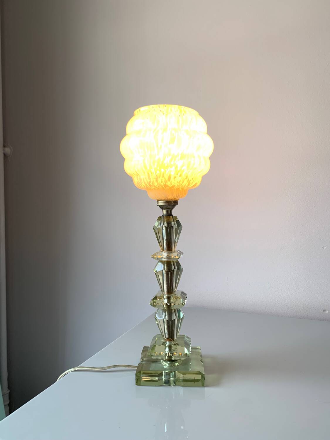 Cut glass lamp and vintage Clichy glass globe