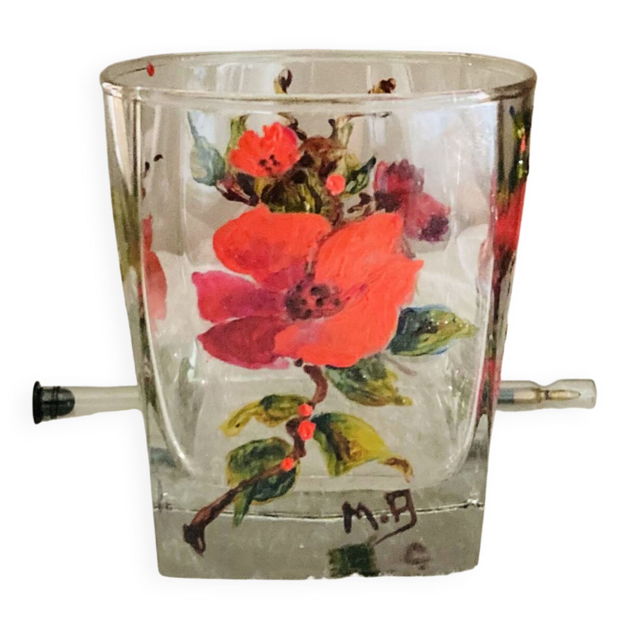Unique whisky glass with a poppy design, handmade and signed by M.B.
