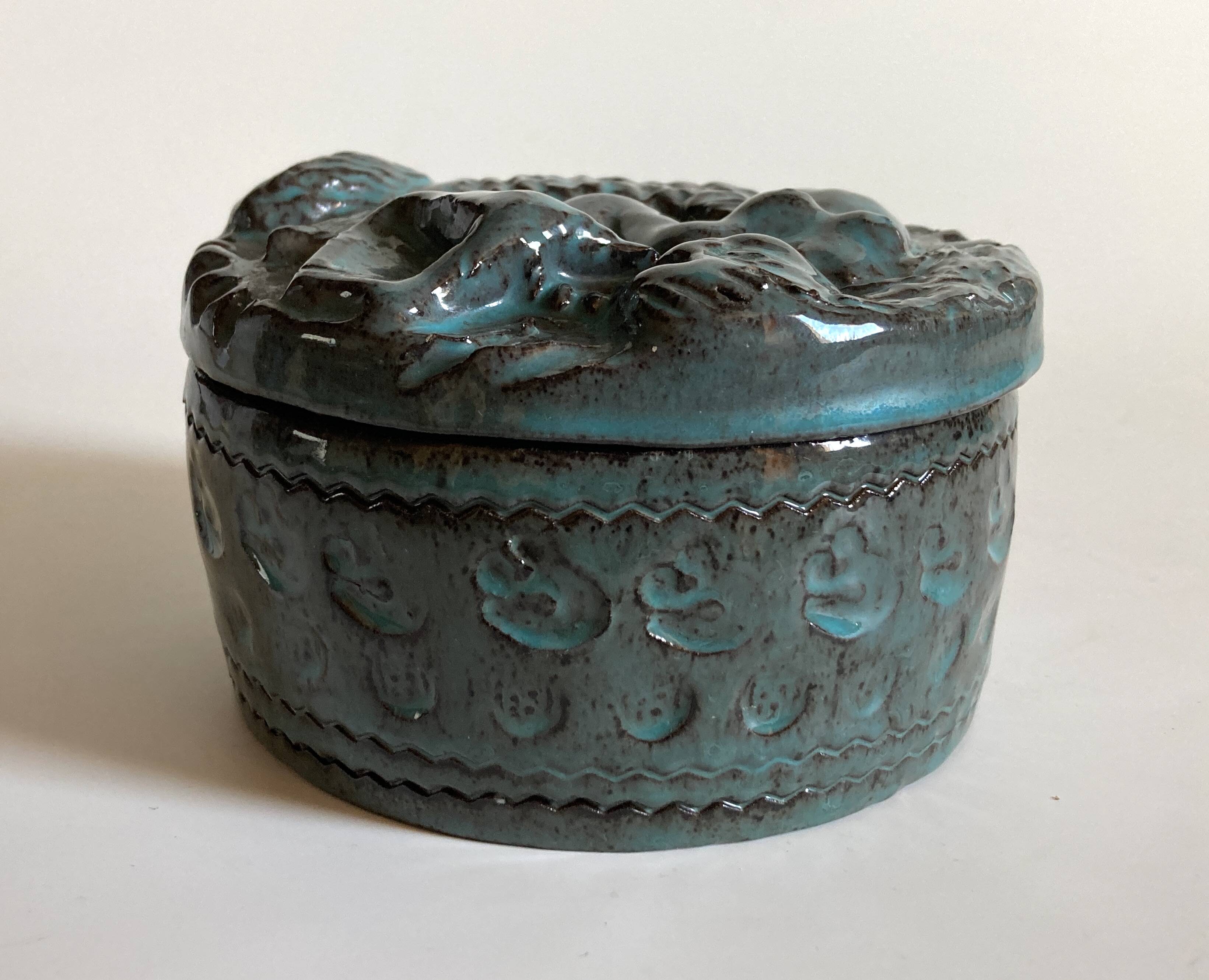 Green-blue enameled ceramic (stoneware) candy box with mermaid decoration, mid-20th century