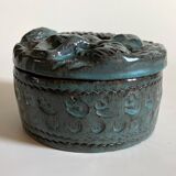 Green-blue enameled ceramic (stoneware) candy box with mermaid decoration, mid-20th century