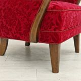 Années 1960, design danois, fauteuil en tissu rouge cerise, très bon état d’origine.