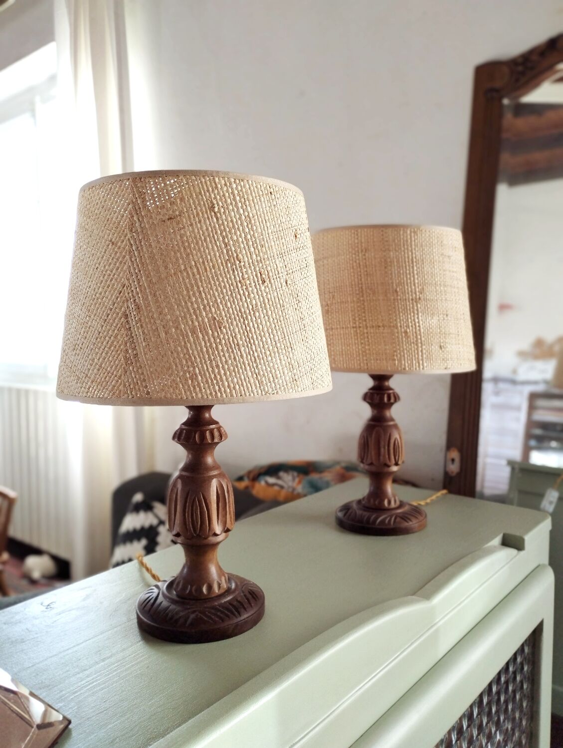 Pair of wood lamps and braiding