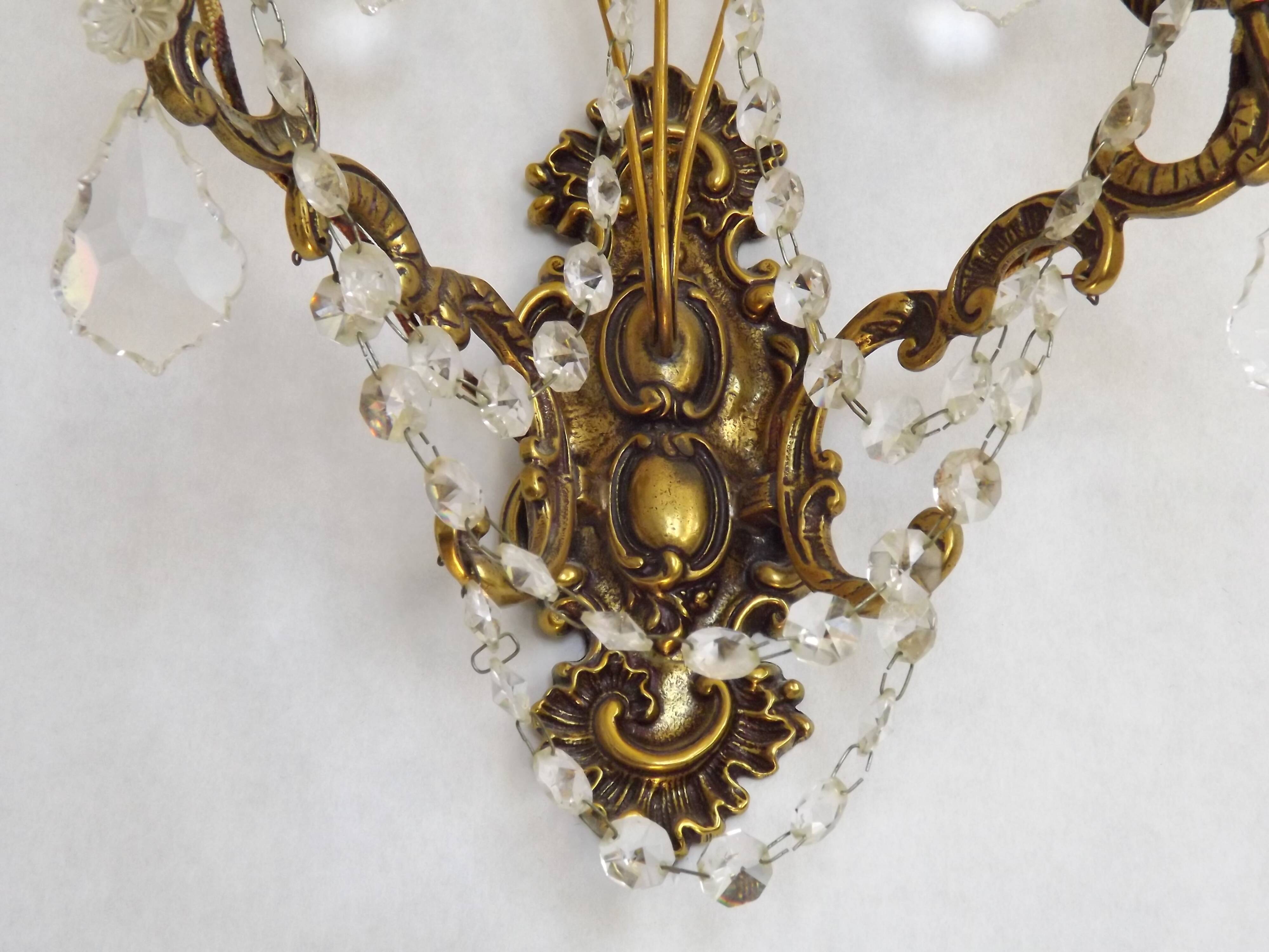 Pair of French Baroque Double Bronze Crystal Wall Lights Glass Bead Swags