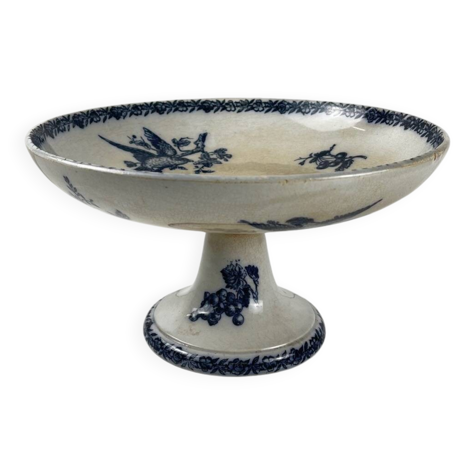 Pexonne iron earth compote dish, blue bird motif, late 19th century