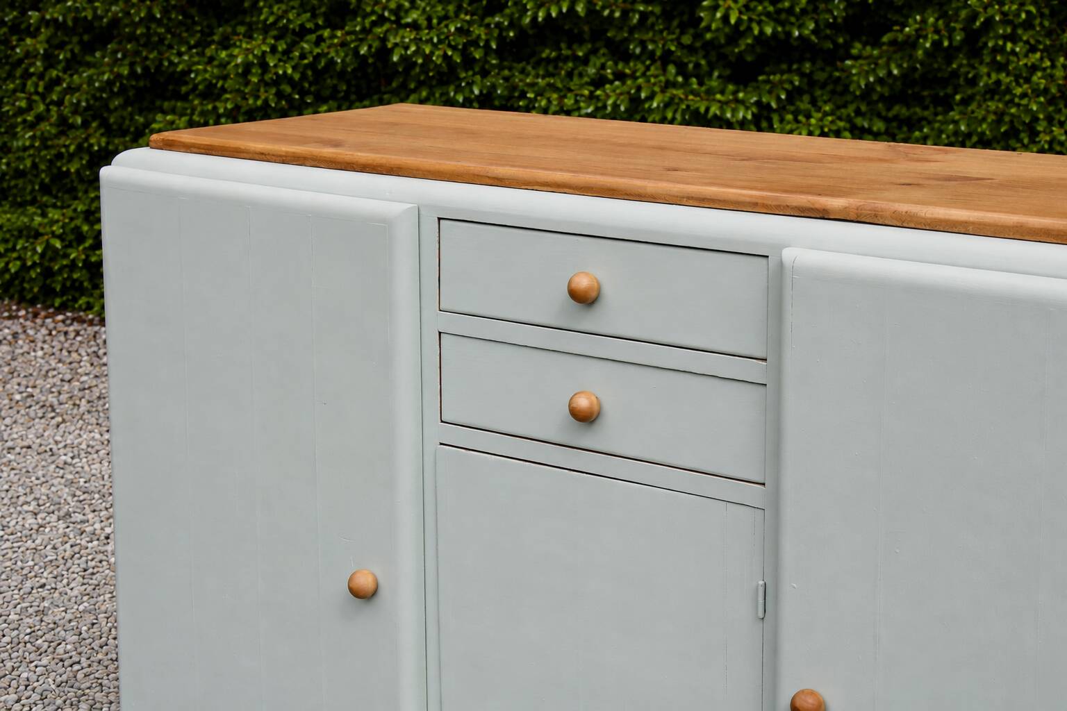 Renovated vintage buffet in Mado style – Celadon Libéron and natural wood – 13