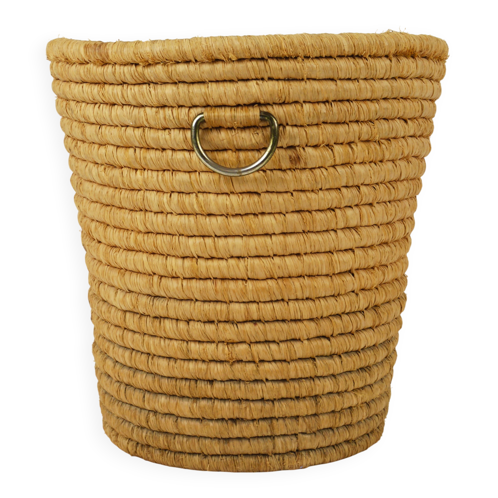 Carl Auböck II paper basket in raffia and brass, umbrella stand, 1950s