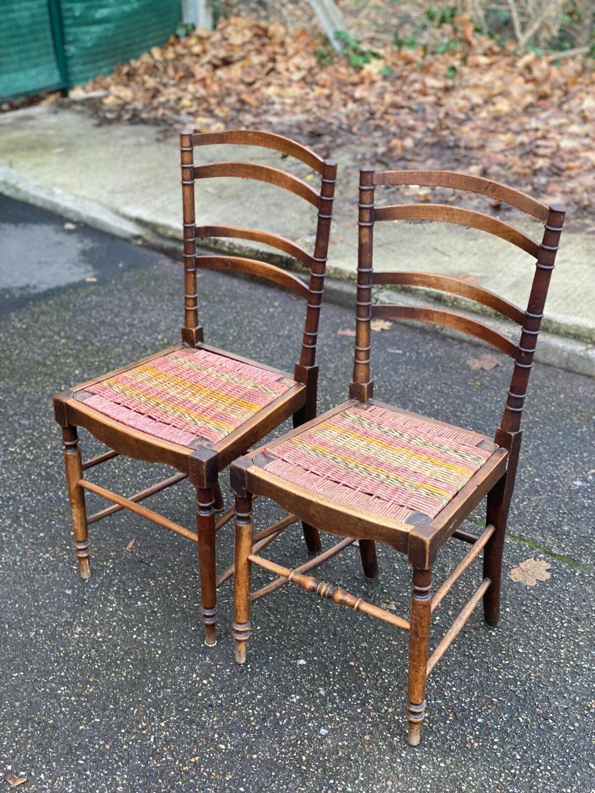 Two 19th-century carved chairs in solid wood and woven rope