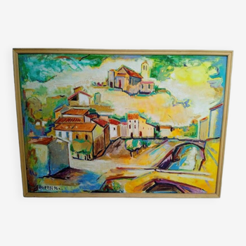 Tableau huile sur panneau village provence impressionisme