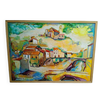 Tableau huile sur panneau village provence impressionisme