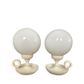 Pair of vintage globe lamps in opaline and wood