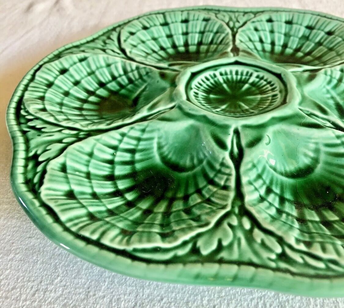 7 old oyster plates Sarreguemines green slurry