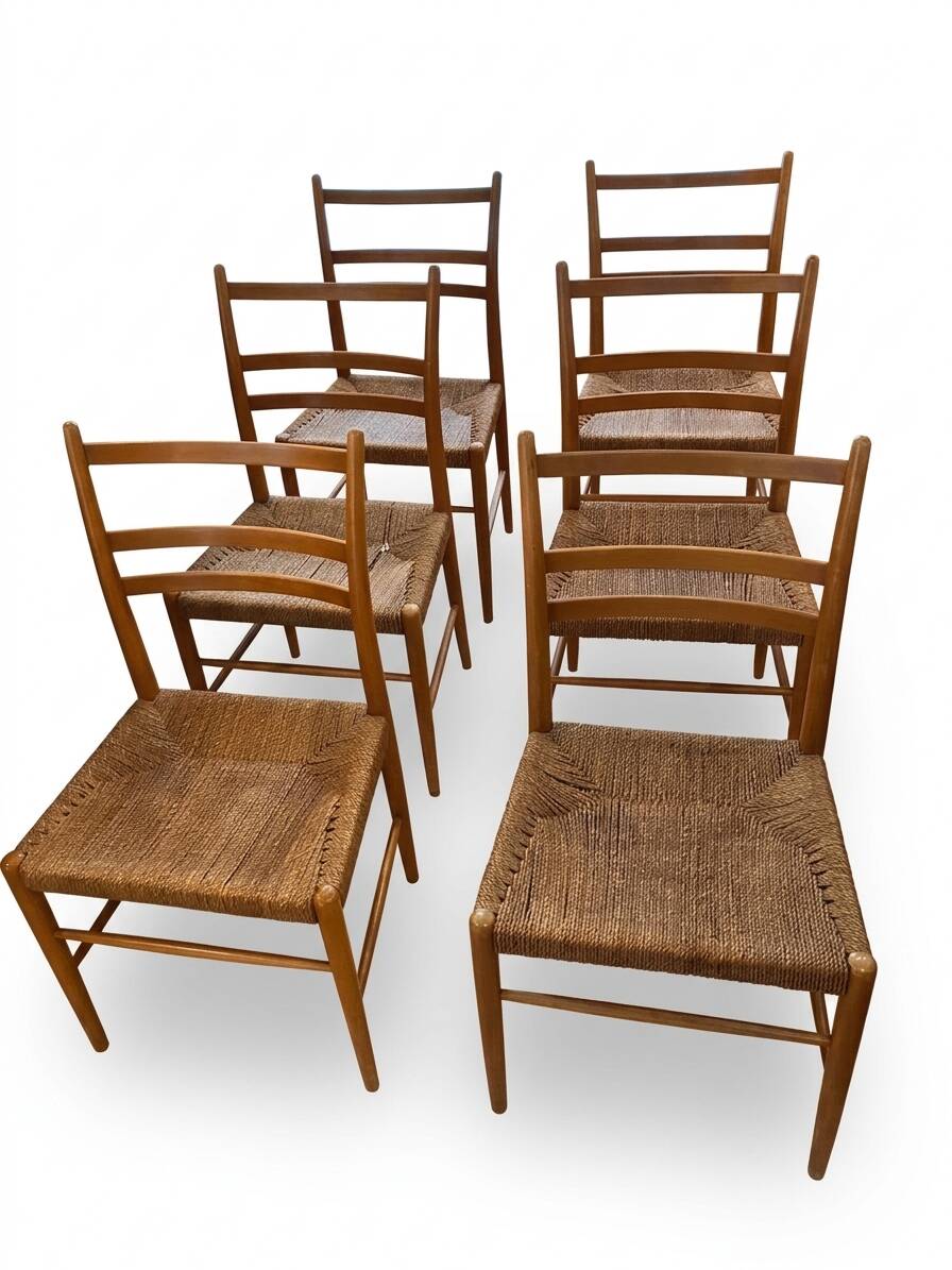 Set of 6 vintage Scandinavian chairs in paper cord – 1960s
