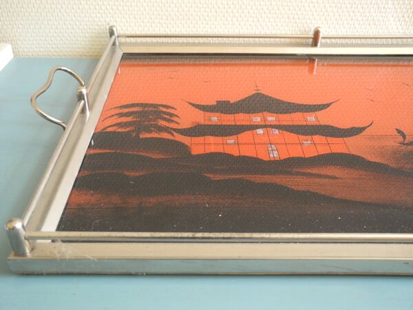 Plateau art déco style asiatique pagode antique tray décor japonisant
