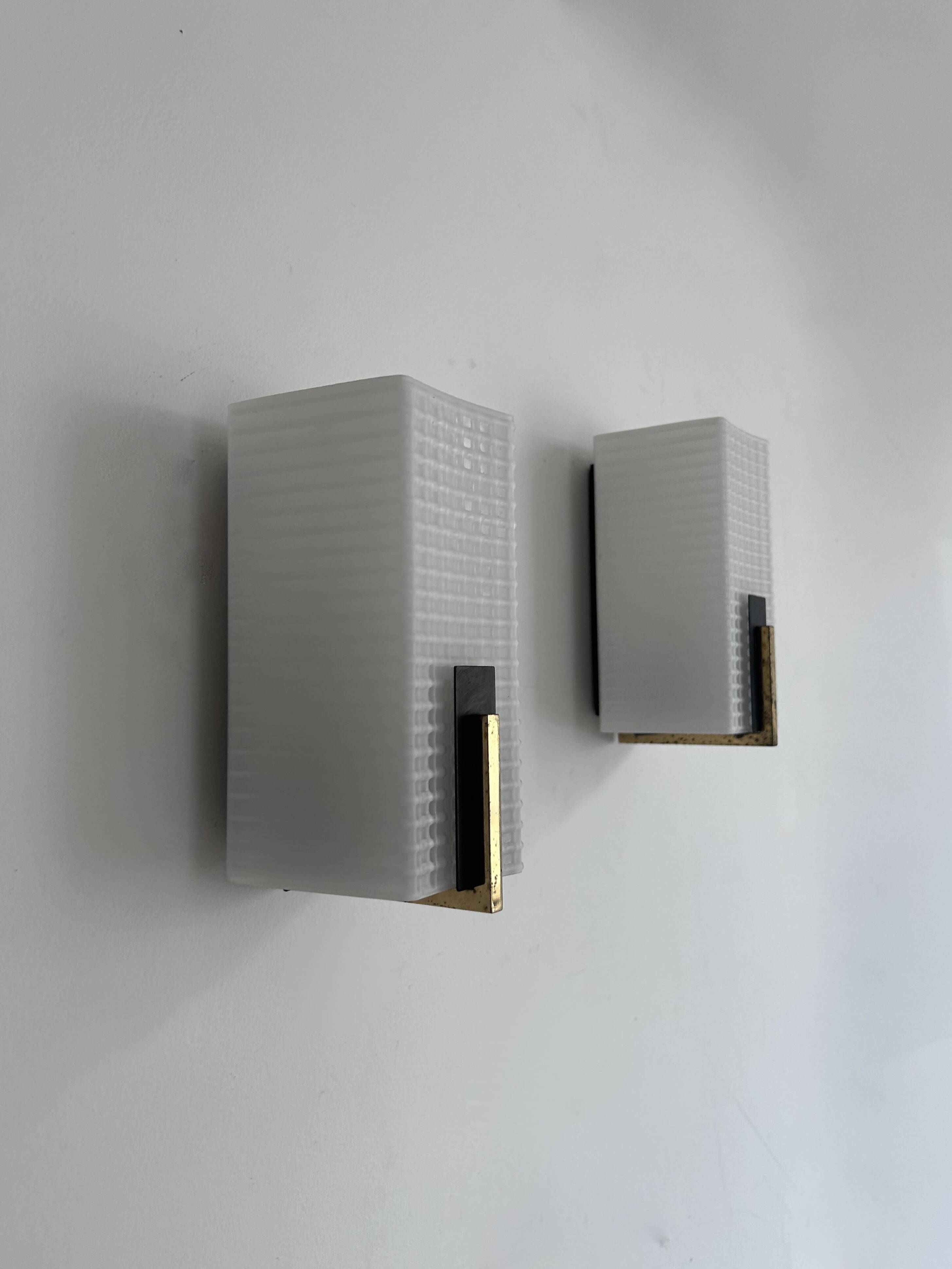 Pair of vintage wall lights, brass and opaline, France 1960