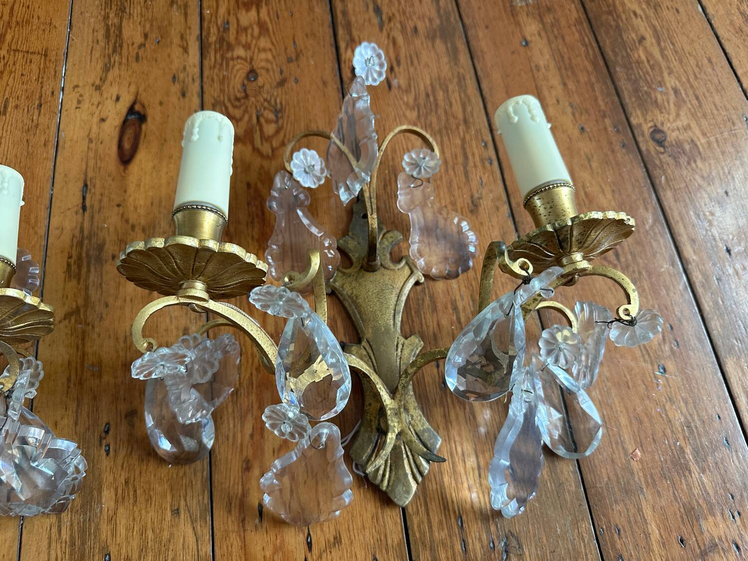 2 vintage bronze wall lights with pendants