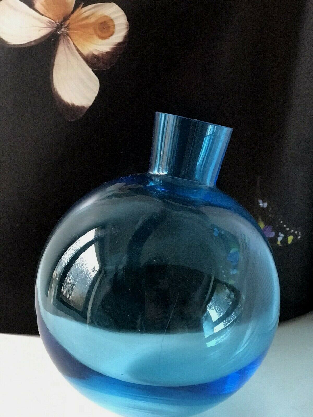 Blue glass ball vase (Portieux?) with tilting bottom