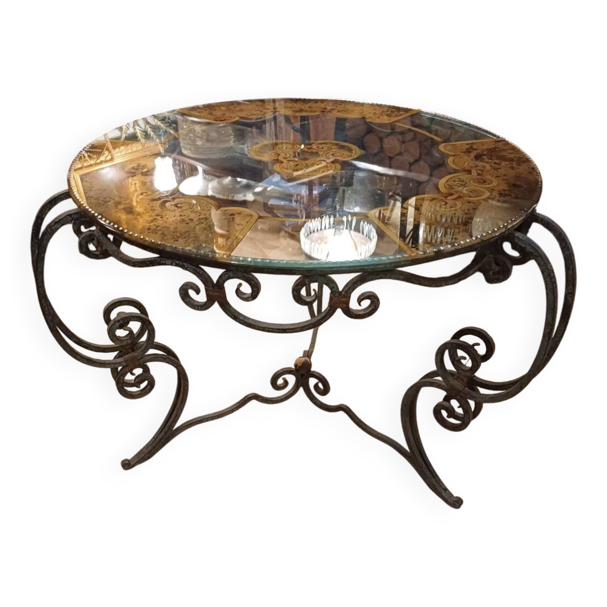 Wrought iron and glass tea table, 1930-1940