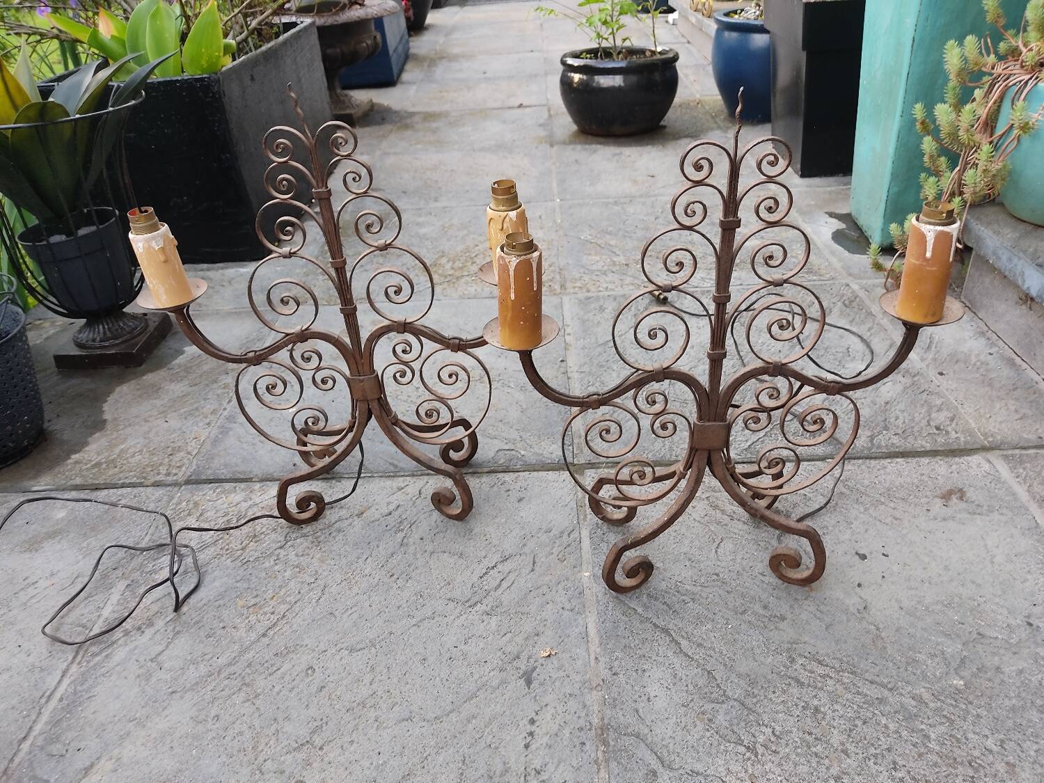 Pair of antique wrought iron lamps