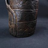 Nepalese milk jug in brown patina wood, Sherpa folk craft, 20th century