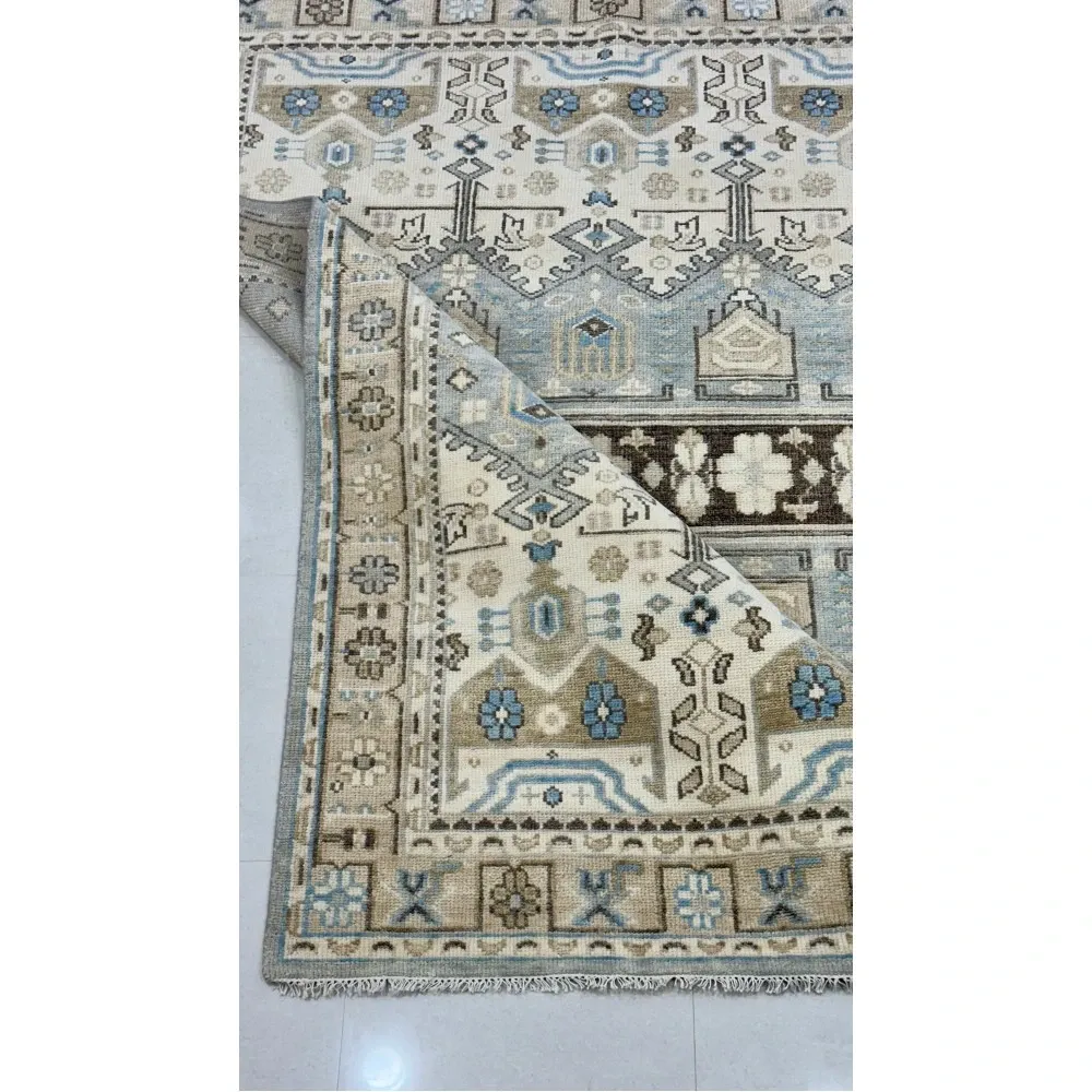 Hand-Knotted Wool Area Rug for Living Room, Decorative Oushak Blue and Ivory Floral Design Carpet
