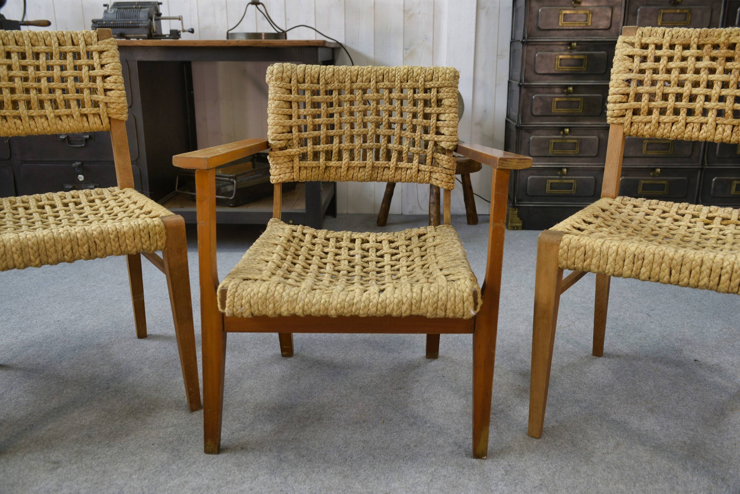 Set of 6 woven rope chairs by Adrien Audoux & Frida Minet for Vibo Versoul 1940's