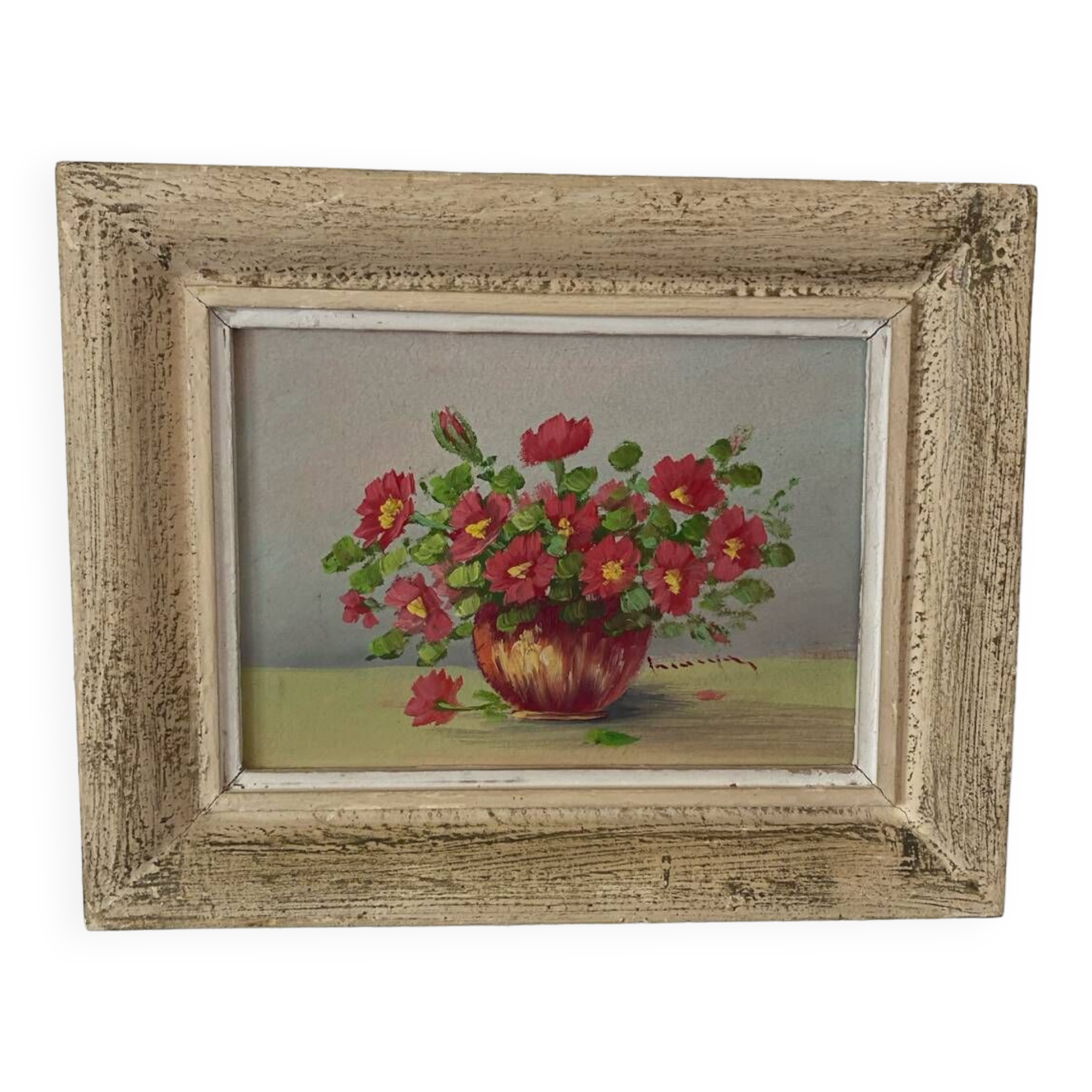 Oil painting red country flowers in a vase.