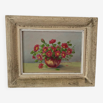 Peinture à  l huile fleurs champêtres rouges dans un vase.