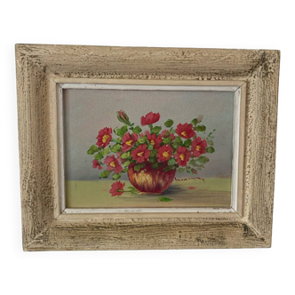 Peinture à  l huile fleurs champêtres rouges dans un vase.