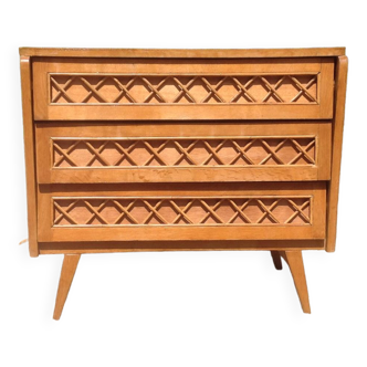 Vintage chest of drawers in oak and rattan year 50