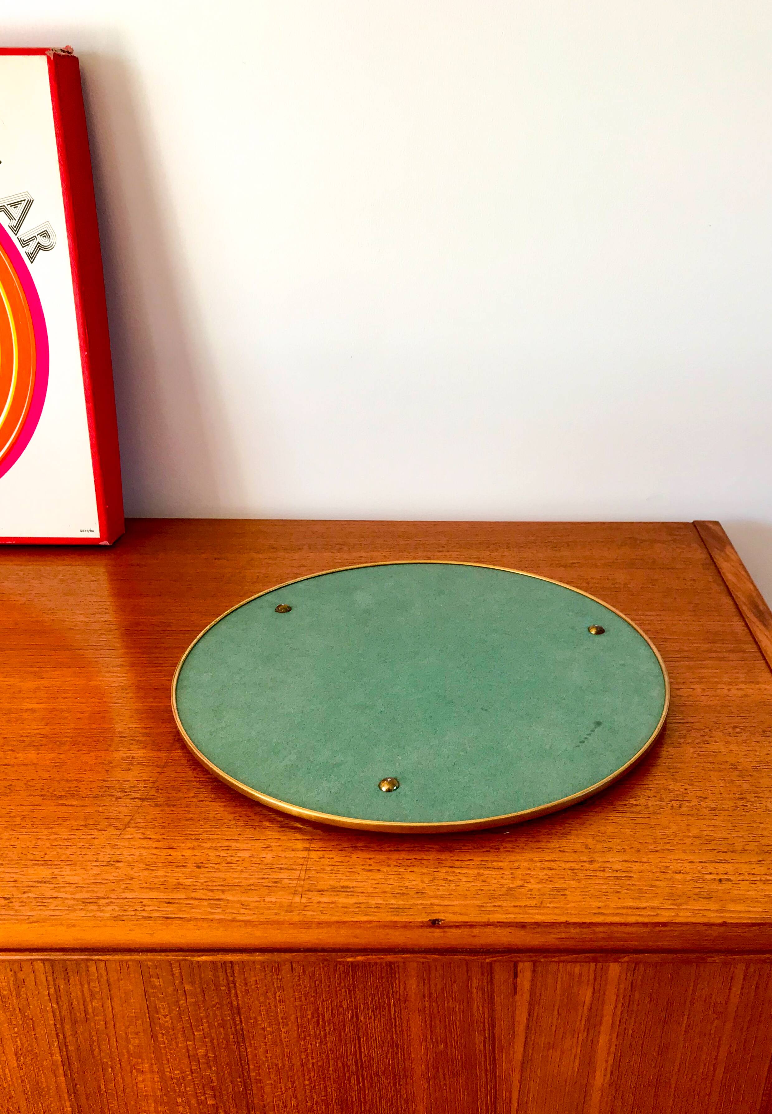 plateau miroir rond en métal doré années 50-60