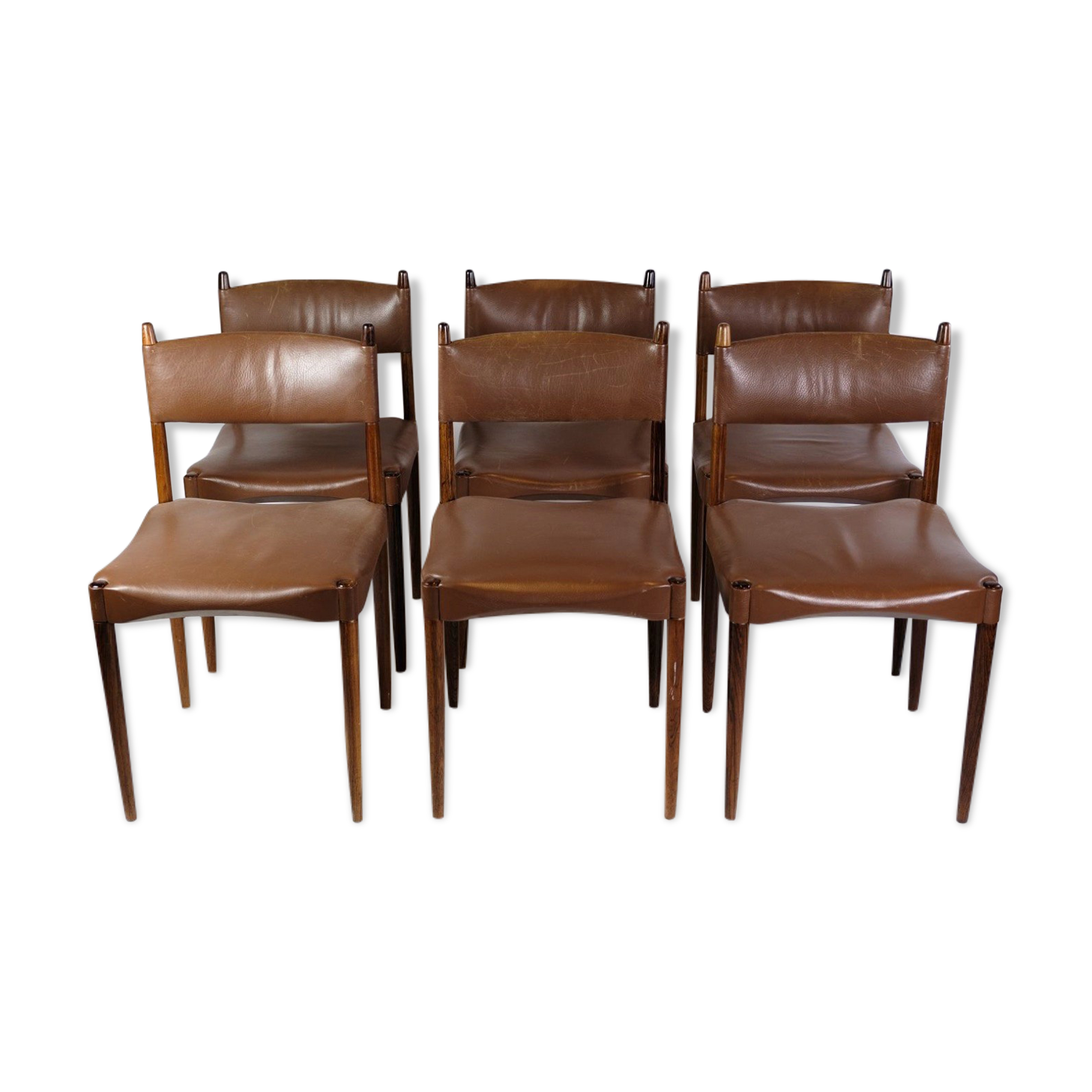 Set of 6 Chairs of Danish Design Made of Solid Rosewood with Brown Leather