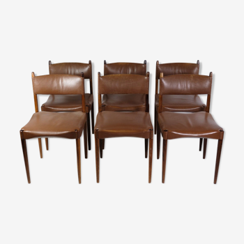 Ensemble de 6 chaises de design danois en palissandre massif avec cuir brun