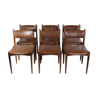 Set of 6 Chairs of Danish Design Made of Solid Rosewood with Brown Leather