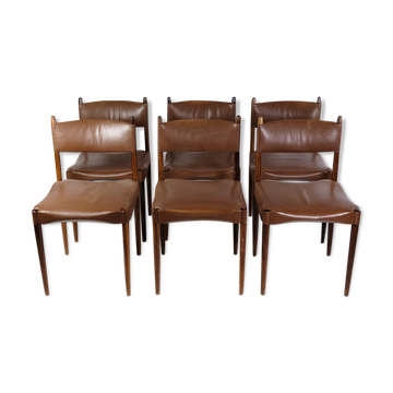 Ensemble de 6 chaises de design danois en palissandre massif avec cuir brun