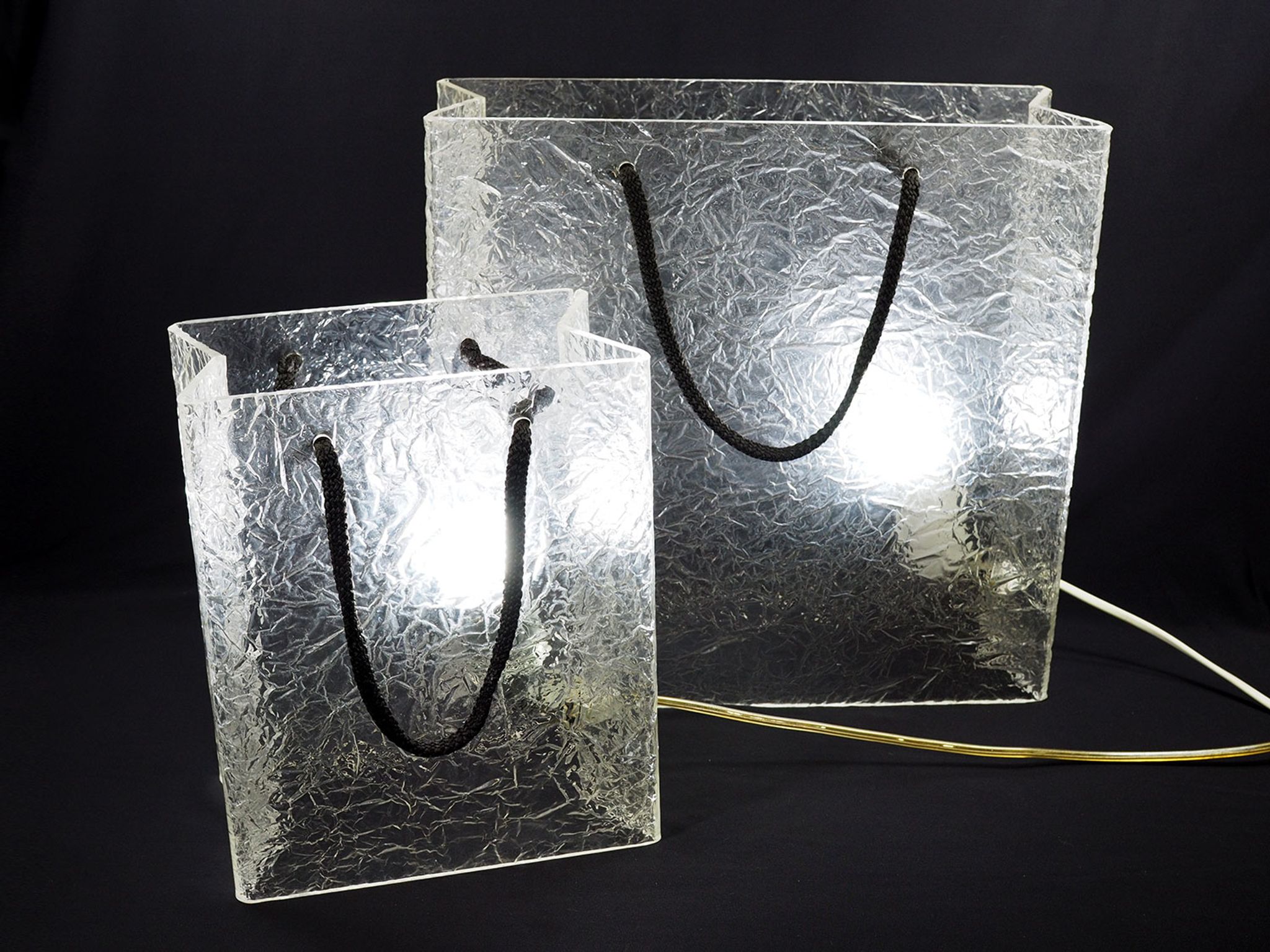 Lucite shopping bag lamps mid-century, set of 2