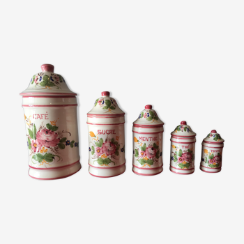 Suite of 5 hand-painted spice jars