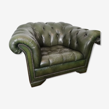Vintage Chesterfield chair in green leather