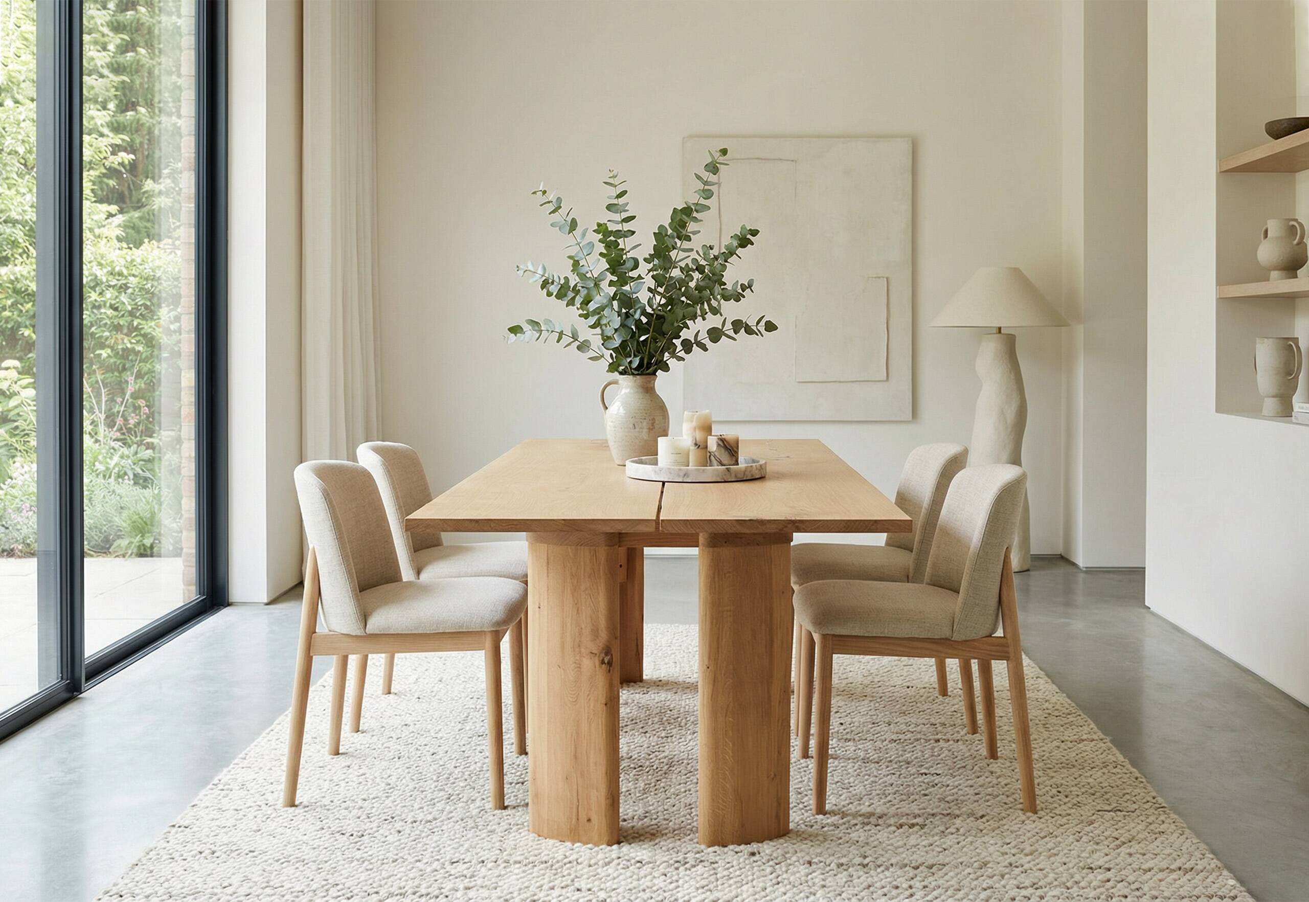 Solid oak dining table, seats 8 people.