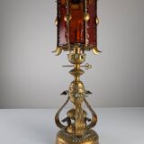 Large Longobard Gilded Metal and Red Hammered Glass Table Lamp