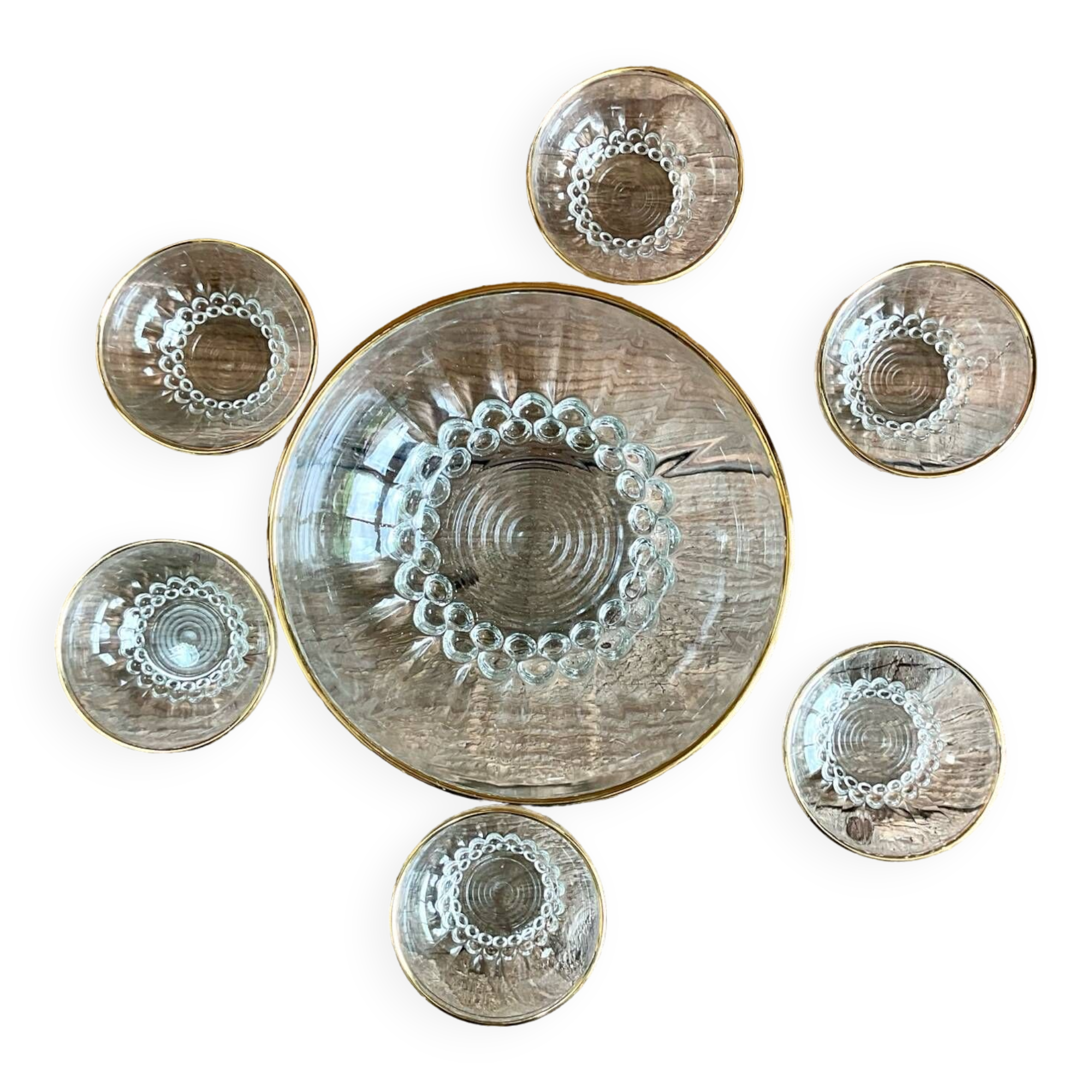 6 coupelles et le saladier verre vintage