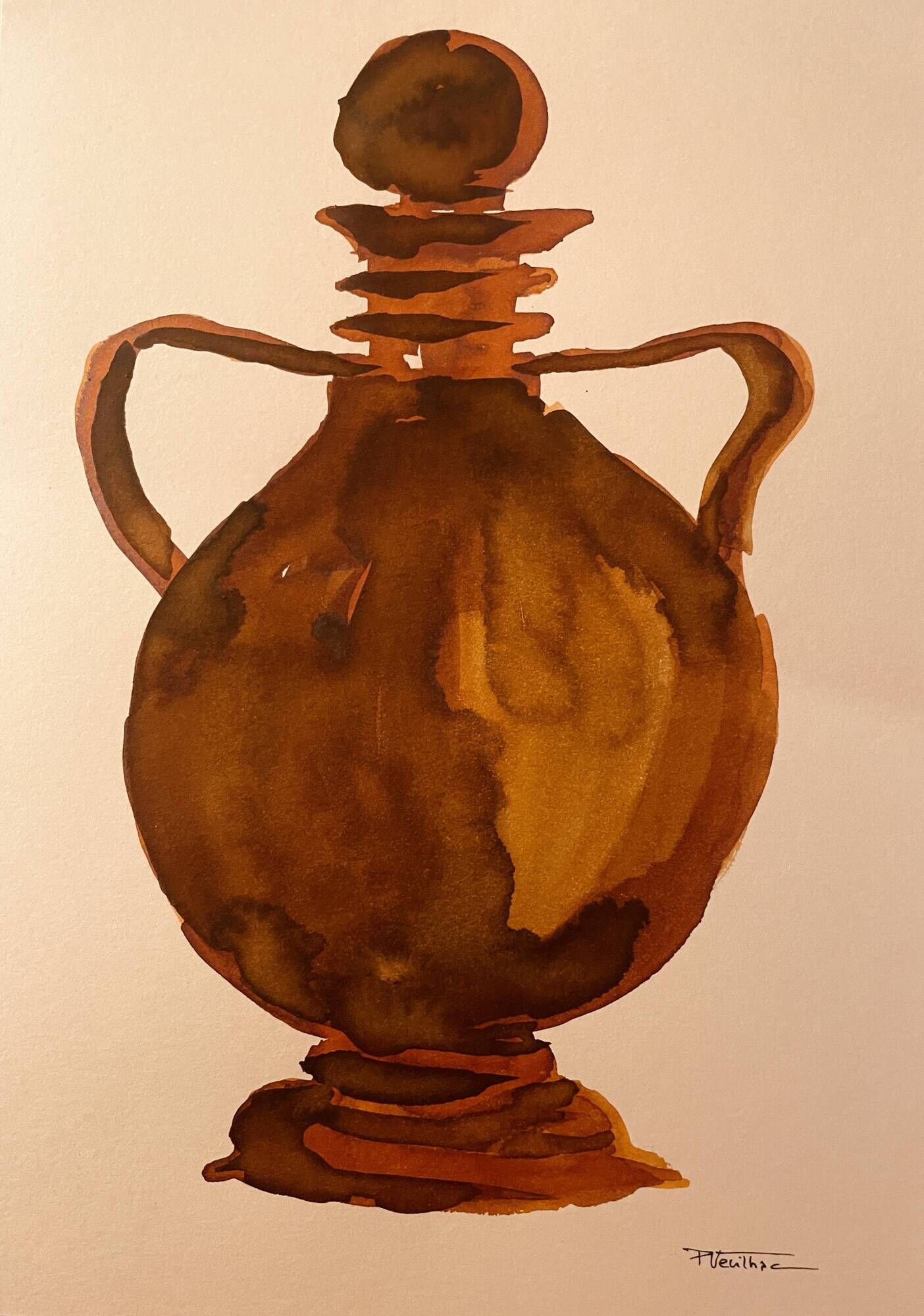 Signed watercolour and ink painting vase Wabi Sabi Fès